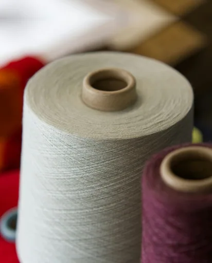 Natural-coloured thread cone in sharp focus among dyed cones